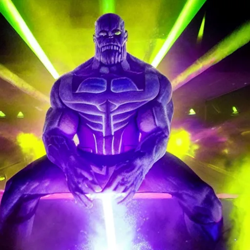 Image similar to photo of Thanos is djing at an underground warehouse rave, he is looking very worried. award winning, atmosphere, coloured lasers and stage lighting, stage smoke, 1x