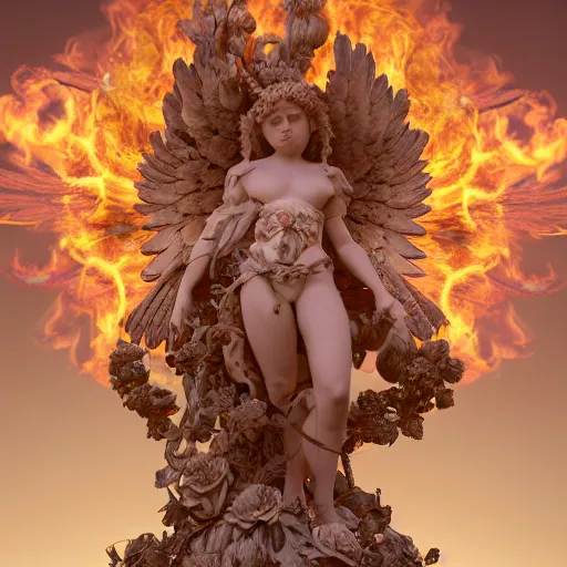 Prompt: fully body image of baroque style ornate warrio angel standing in bed of roses surounded by fire and smoke, moody rim light, dynamic lighting, cinematic shot, ultra detail, renderman, physically based render