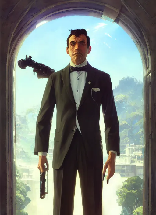 Image similar to highly detailed portrait of a heroic butler in gta v, stephen bliss, unreal engine, fantasy art by greg rutkowski, loish, rhads, ferdinand knab, makoto shinkai and lois van baarle, artgerm, pixar, ilya kuvshinov, rossdraws, tom bagshaw, global illumination, radiant light, detailed and intricate environment