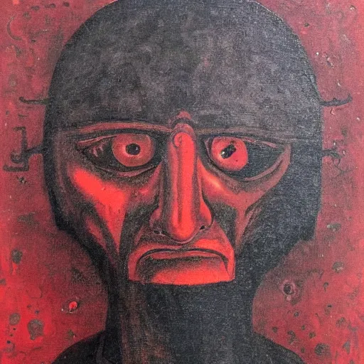 Image similar to portrait of alexander abdulov, with a red eyes, satanic body, head of old man, om blood of sinners, with background of ruined city, post - apocalyptic style, hellish style