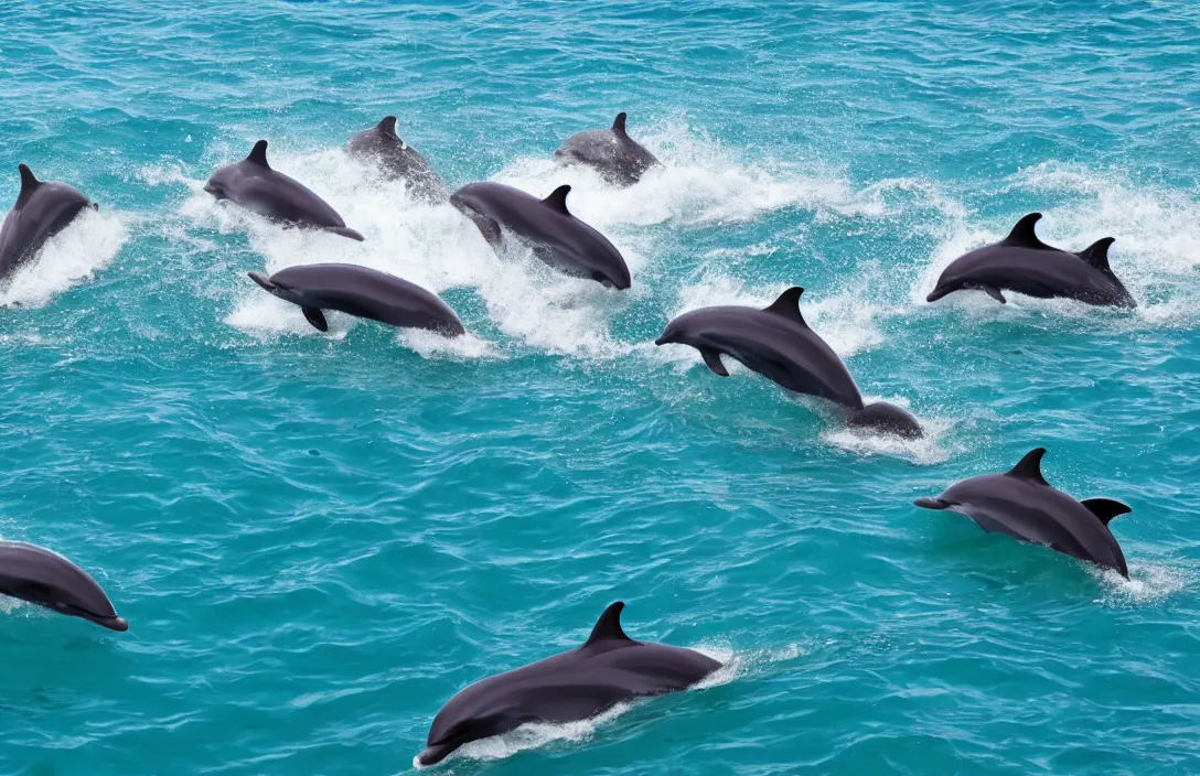 Prompt: a pod of dolphins swimming through a warm tropical ocean, 4k photorealistic nature photography