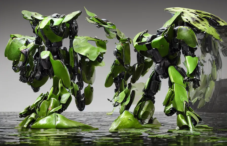 Image similar to amphibious waterlily mobile suit combat mecha textured like water lettuce whose head and top half is shaped like nymphaea flower, cinematic lighting, petals being robotic limbs, waterlily pads, biomechanical, hyperdetailed, bandai box art, 8 k hd resolution, behance hd artstation. # power armor # pistia # waterlily # nymphaea