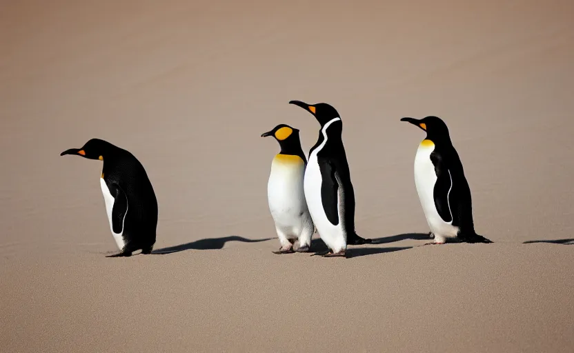 Prompt: happy penguins in sand dunes, photography