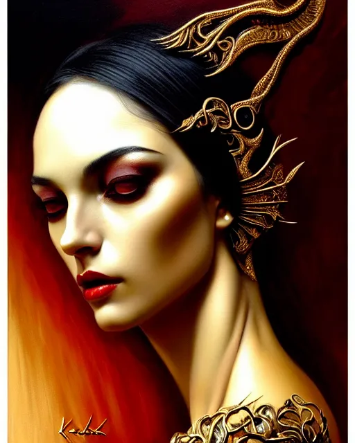 Prompt: portrait of a beautiful goddess, enigmatic beauty, dominant shades of black, gold silver, dark red, white, head in focus, fantasy art, ornamental aesthetics, intricate, elegant, highly detailed, hyperrealistic painting, artstation, concept art, painterly, sharp focus, illustration, art by karol bak