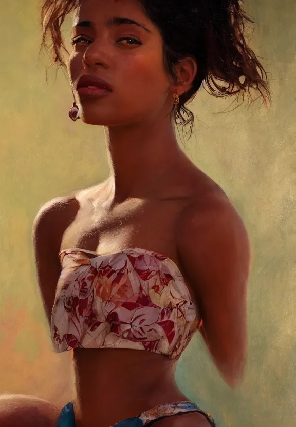 Image similar to a portrait of a beautiful cuban girl, market setting, warm colors, soft lighting, atmospheric, cinematic, moody, in the style of diego koi, gina heyer, luiz escanuela, art by alyssa monk, hyperrealism, rule of thirds, oil on canvas, 8 k