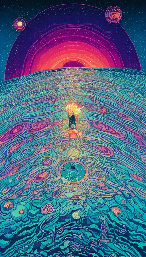 Prompt: the psychedelic journey of the cosmic time travellers travelling through cosmic cloudscapes, futurism, dan mumford, victo ngai, kilian eng, da vinci, josan gonzalez