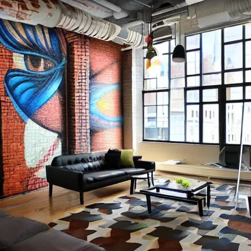 Image similar to trendy downtown loft with modern murals on the wall, modern art and patterns, interior design, beautiful architecture