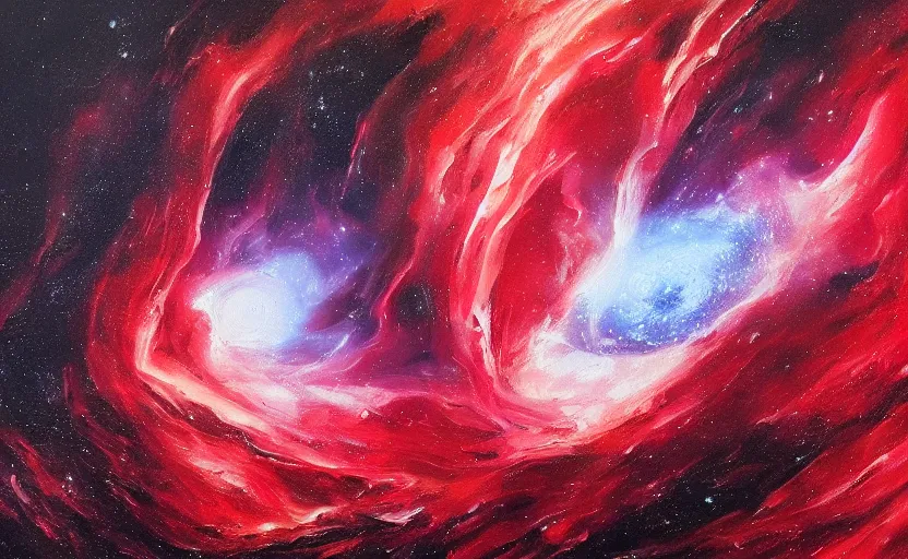 Image similar to an oil painting of a beautiful space nebula, red and black; hyper-detailed; an extraordinary masterpiece!!!; flawless; trending on artstation
