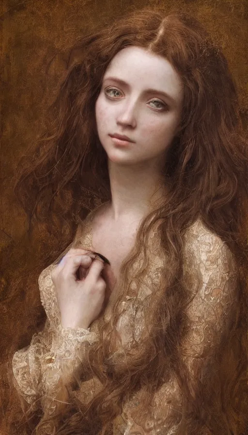 Image similar to An extremely beautiful pre-raphaelite ornate portrait of a beautiful young attractive woman, professionally painted digital art illustration, smooth, sharp focus, atmospheric lighting, highly detailed illustration highlights, golden ratio, extremely detailed winning award masterpiece, 8K post-processing