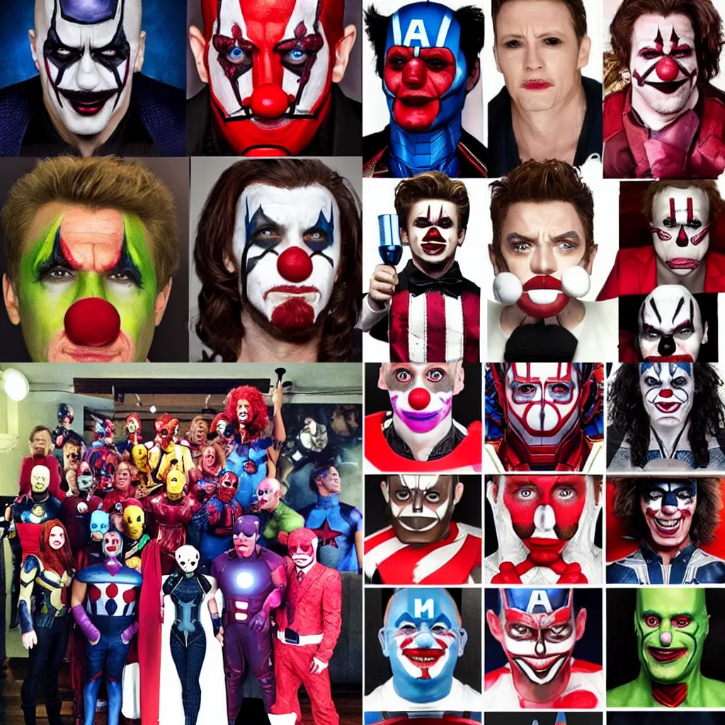Prompt: the avengers cast with clown makeup