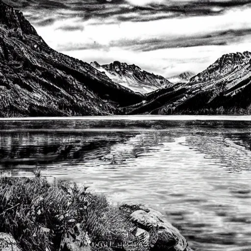 Image similar to lago di sorapis, hyper - realistic black and white drawing, hyper detailed, extreme long shot, in the style of den yakovelv