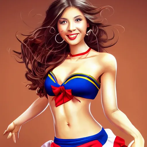 Prompt: very beautiful female cheerleader, smiling, flirty, eye contact, perfect face, perfect body, drawn by artgerm