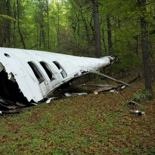 Prompt: ancient airplane fuselage crash in the woods