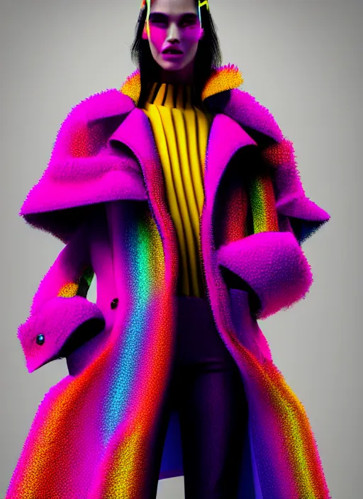 Image similar to coat for a rave, bright colors, many details, prints, photo for a magazine, photo for a store, fashion photography, Vogue, 135 mm, cinematic, hyper realism, high detail, octane render, 8k, chrome accents