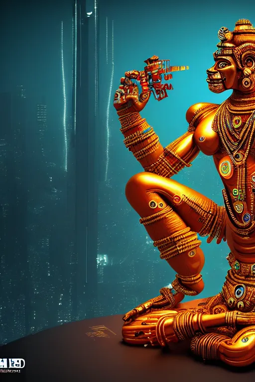 Image similar to high quality 3 d render colorful deconstructed cyborg! hanuman sitting, gold madhubani, highly detailed, cyberpunk!! mumbai in the background, vray cinematic smooth, blade runner, moody light, low angle, uhd 8 k, sharp focus