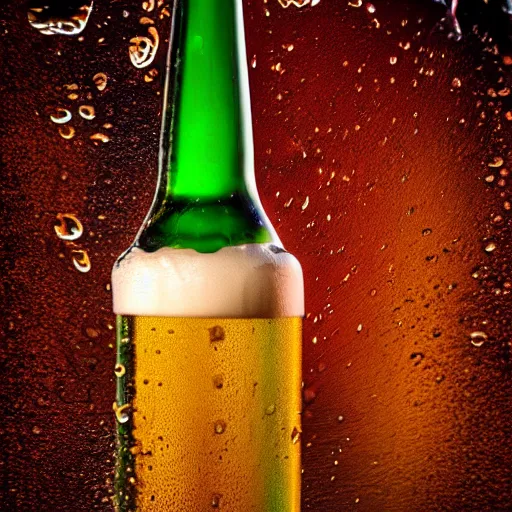 Image similar to a photo of a bottle of beer, product photo, splashes of liquid, energetic, delicate by marcel christ