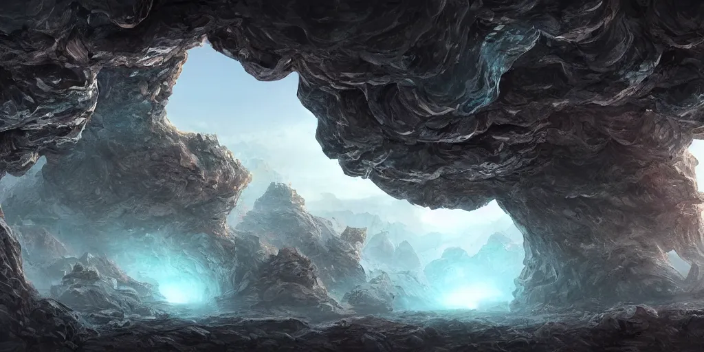 Image similar to an alien cave with swirling rock formations, 3d matte painting, concept art, highly detailed, photorealistic