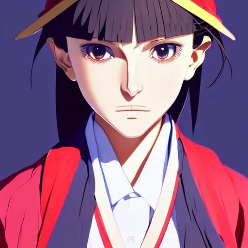 Image similar to a beautiful! boyish! natalie portman model, wearing japanese school girl outfit with mayan pattern and native style, aztec street fashion, guilty gear art direction, perfect anime face, gapmoe yandere grimdark, trending on pixiv fanbox, painted by greg rutkowski makoto shinkai takashi takeuchi studio ghibli, akihiko yoshida