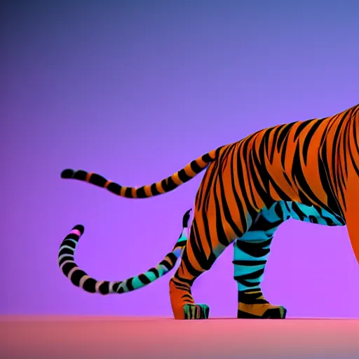 Prompt: ultra low low poly visible polygons stylized render of a tiger animal full body octane unreal engine render vaporwave blue and pink neon