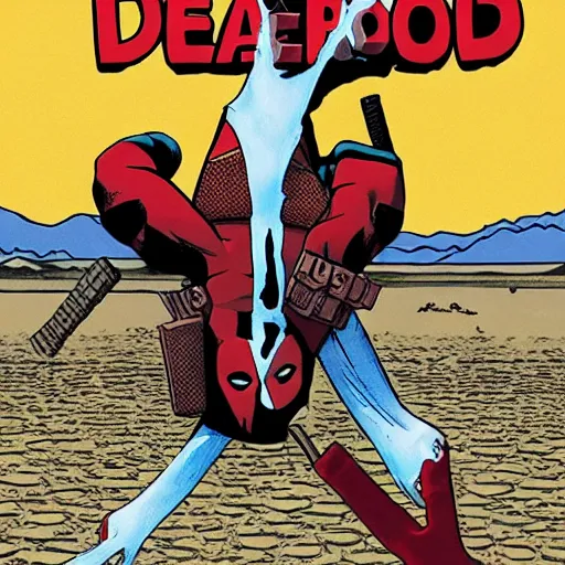 Image similar to deadpool sticking his head out of empty drained lake mead, with the words lake mead written across the top, in comic book style