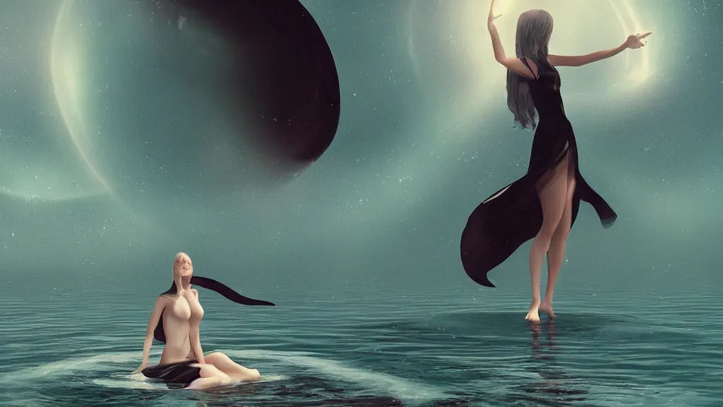 Prompt: whimsical, beautiful seductive women standing in a lake, raising an arm, under a binary black hole with a ring, by Ross Tran, by Greg Rutkowski, by artgerm, by beeple, volumetric lighting, 4k resolution, octane render, trending on artstation