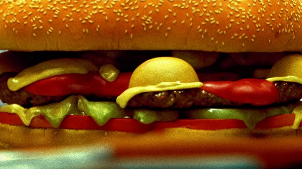 Image similar to the strange cheeseburger creature at the fast food place, film still from the movie directed by denis villeneuve and david cronenberg with art direction by salvador dali and zdzisław beksinski, wide lens