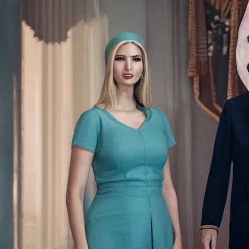 Image similar to A photo of Ivanka Trump as Serena Joy on the Handmaid's Tale, teal