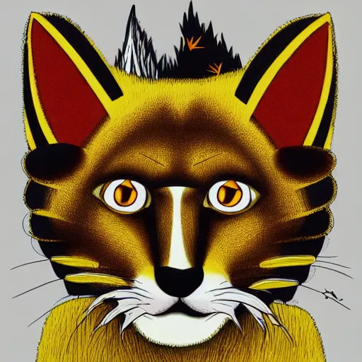 Image similar to anthropomorphic portrait man man wearing kitty cat costume cat-faced kitty cat furry wearing a goldenrod hoodie calico juggalo man fuzzy ears eyes nose portrait ishbel myerscough illustration tombow