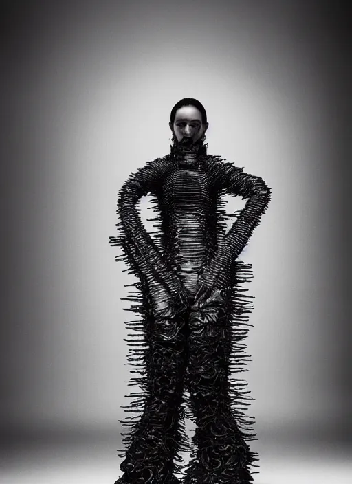 Image similar to a portrait of tessa kuragi by serge lutens, wearing iris van herpen outfit, photorealistic, intricate details, hyper realistic, photorealistic, canon r 3, photography, symmetrical features, symmetrical pose, wide angle shot, head to toe, standing pose, feet on the ground,