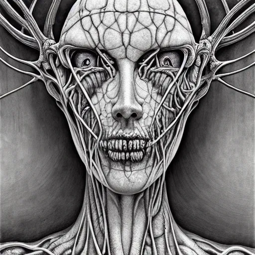 Image similar to insect, blood vessels, dystopian surrealism, art style zdzisław beksinski, giger, symmetry accurate features, very intricate details, high resolution, symmetrical long head, smooth marble surfaces, detailed ink illustration, cinematic smooth stone, deep aesthetic, concept art, carved marble texture silk cloth, latex skin, highly ornate