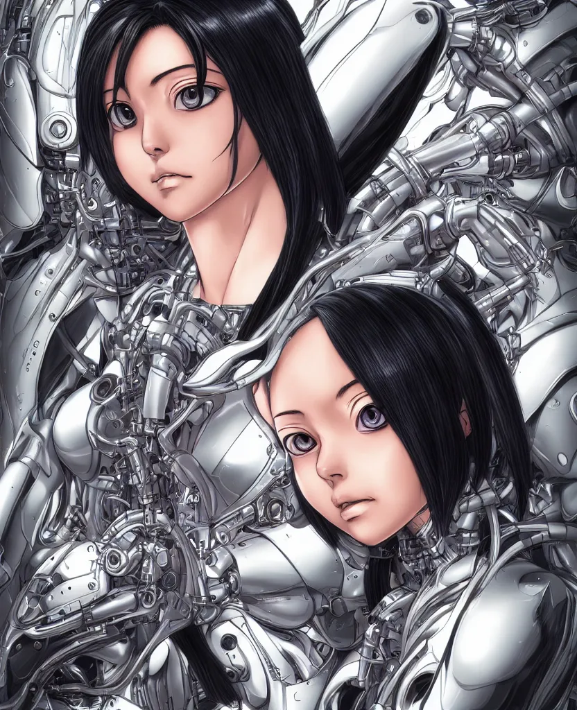 Image similar to portrait of alita by yukito kishiro, biomechanical, hyper detailled, trending on artstation