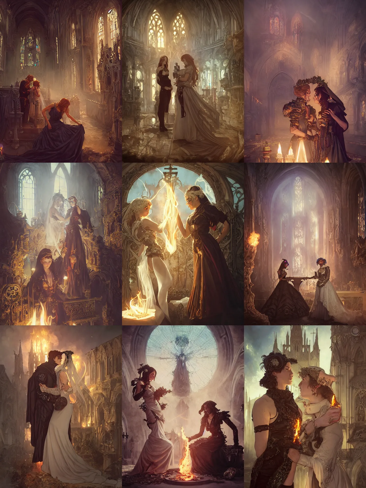 Prompt: lesbian wedding between evil pyromancer and necromancer, steampunk, unholy, white church background, detailed face, sharp focus, highly detailed, cinematic lighting, studio quality, colorful, smooth render, unreal engine 5 rendered, octane, rendered, by artgerm, greg rutkowski, alphonse mucha