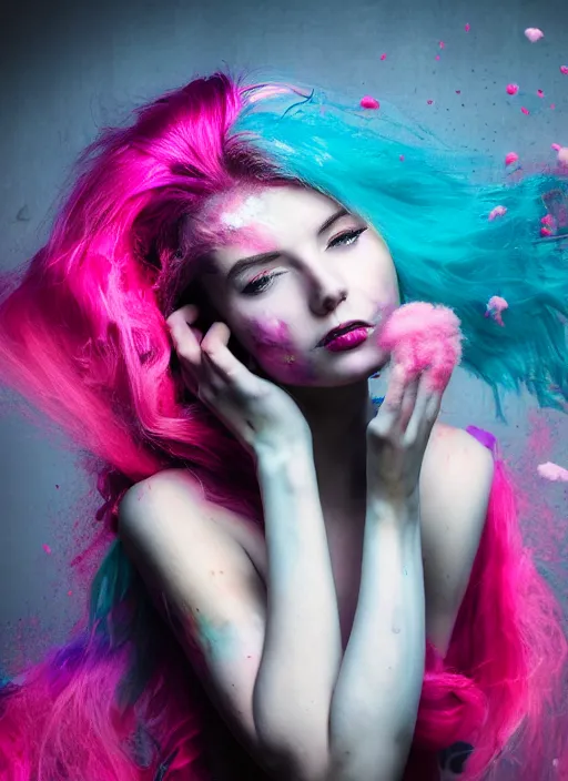 Image similar to a dramatic lighting photo of a beautiful young woman with cotton candy hair. paint splashes. moody, melanchonic. with a little bit of cyan and pink