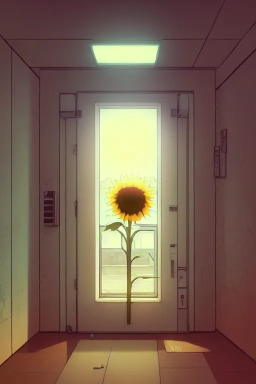 Prompt: a high detail empty room with sunflower by Tomas Sanchez and Simon Stålenhag and krenz cushart and ilya kuvshinov. pixiv fanbox skeb.jp clipstudio medibang ichi-up CGWORLD key visual manga cover