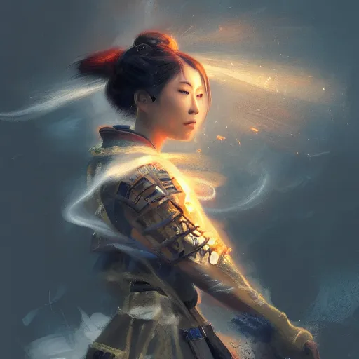 Image similar to beatiful female samurai in front of sparks and smoke in the style of Raymond Swanland, cinematic, artstation