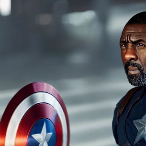 Prompt: film still of Idris Elba as Captain America in new Avengers film, photorealistic 8k