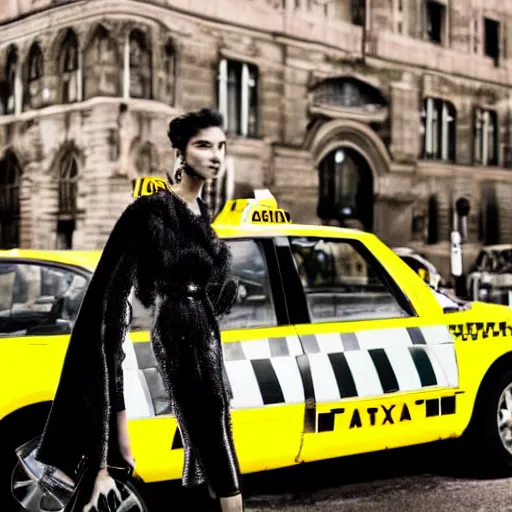 Prompt: close up of a fashion model standing in front of a taxi, official versace editorial, highly detailed