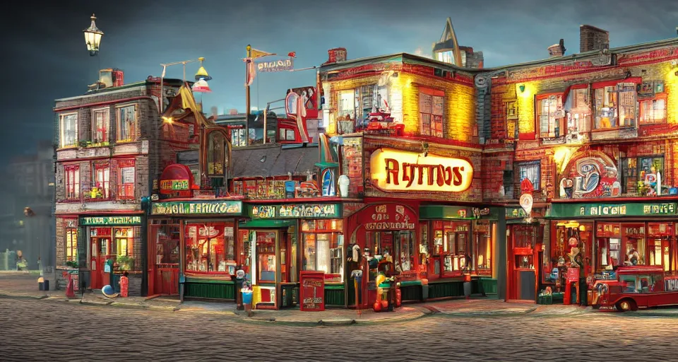 Image similar to closeup profile portrait of retro tin toy london pub 1 8 8 0, depth of field, detailed and intricate environment, 8 k resolution, hyperrealistic, octane render