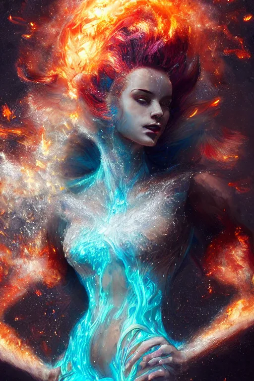 Image similar to torso closeup model wearing exploding fire crystal dress, sorcerer, diamonds,, refractions, crystal dust, ice dust, diamonds, fantasy, dramatic lighting, highly detailed, digital painting, holding electricity, hyper detailed, 3 d render, detailed portrait, peter mohrbacher, wlop, ruan jia