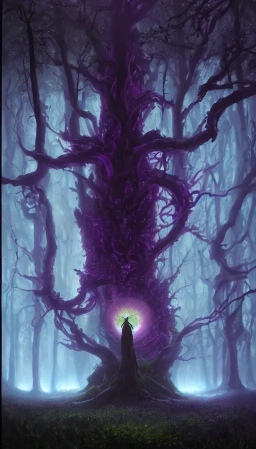 Prompt: Hyper realistic oil painting of a future sci-fi ancient god on the middle of a purple forest holding a portal that's about to explode, fog, volumetric lighting, nighttime, moonlight, by Greg Rutkowski and Diego Velázquez