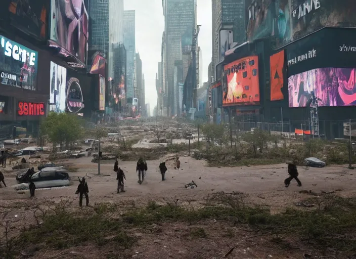 Prompt: film still of post apocalyptic empty time square, overgrown with wildlife walking through in the new sci - fi movie, 8 k