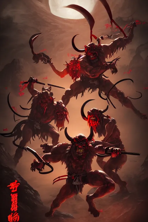 Image similar to beautiful cinematic horror poster with Oni Tengu demons fighting samurai from Japan , hybrid from Doom and art direction by Darius Zawadzki ;by artgerm; wayne reynolds art station; cinematic quality character render; low angle; ultra high quality model; production quality cinema model;