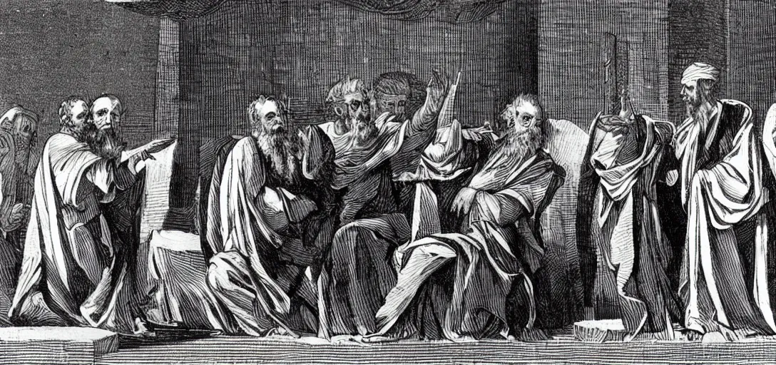 Image similar to origen of alexandria debates with epiphanius of salamis on a presidential debate stage