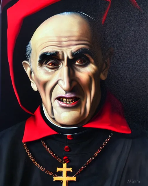 Image similar to photorealist painting of demonic catholic cardinal aloysius stepinac, gothic, horror, vivid dark colors, high production value, intricate details, high resolution, hyperrealistic, hdr, high definition, masterpiece, ultra realistic, highly detailed, hd, sharp focus, non blurry, sharp, smooth