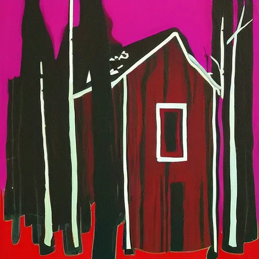 Image similar to a painting of a Eerie cabin in the middle of the woods in the style of Andy Warhol