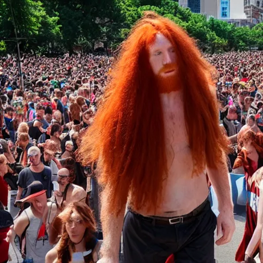 Prompt: a 7 0 foot tall red - haired man walking among the crowd