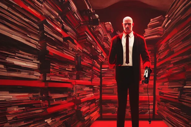 Image similar to an expressive portrait of agent 4 7 from hitman wearing headphones and holding a handgun in front of a wall of vinyl records, head being lit by red rim light, digital art, artstation, art by giger stalenhag