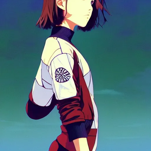 Image similar to a beautiful! boyish! natalie portman alluring gravure! model, wearing oversized mayan bomber jacket and leotard with overalls, bulky poofy bomber jacket with mayan patterns, aztec street fashion, trending on pixiv, painted by greg rutkowski makoto shinkai takashi takeuchi studio ghibli, akihiko yoshida