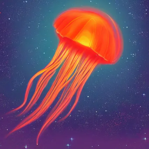 Image similar to a colossal gigantic glowing orange jellyfish ascending into a portal in the sky, galaxies and stars in a stylized sky, digital art