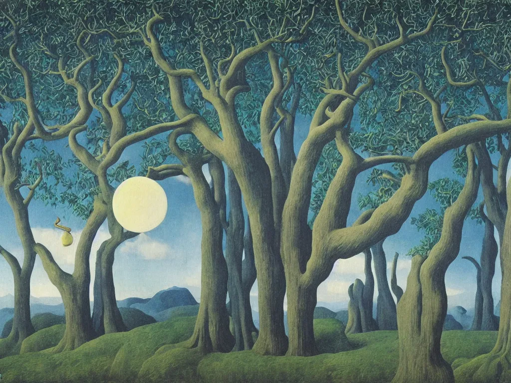 Image similar to Dreamless night, sweaty mountain, the antler have multiple eyes, banyan tree hands bring the moon in a thicket. Painting by Rene Magritte, Jean Delville, Max Ernst, Maria Sybilla Merian